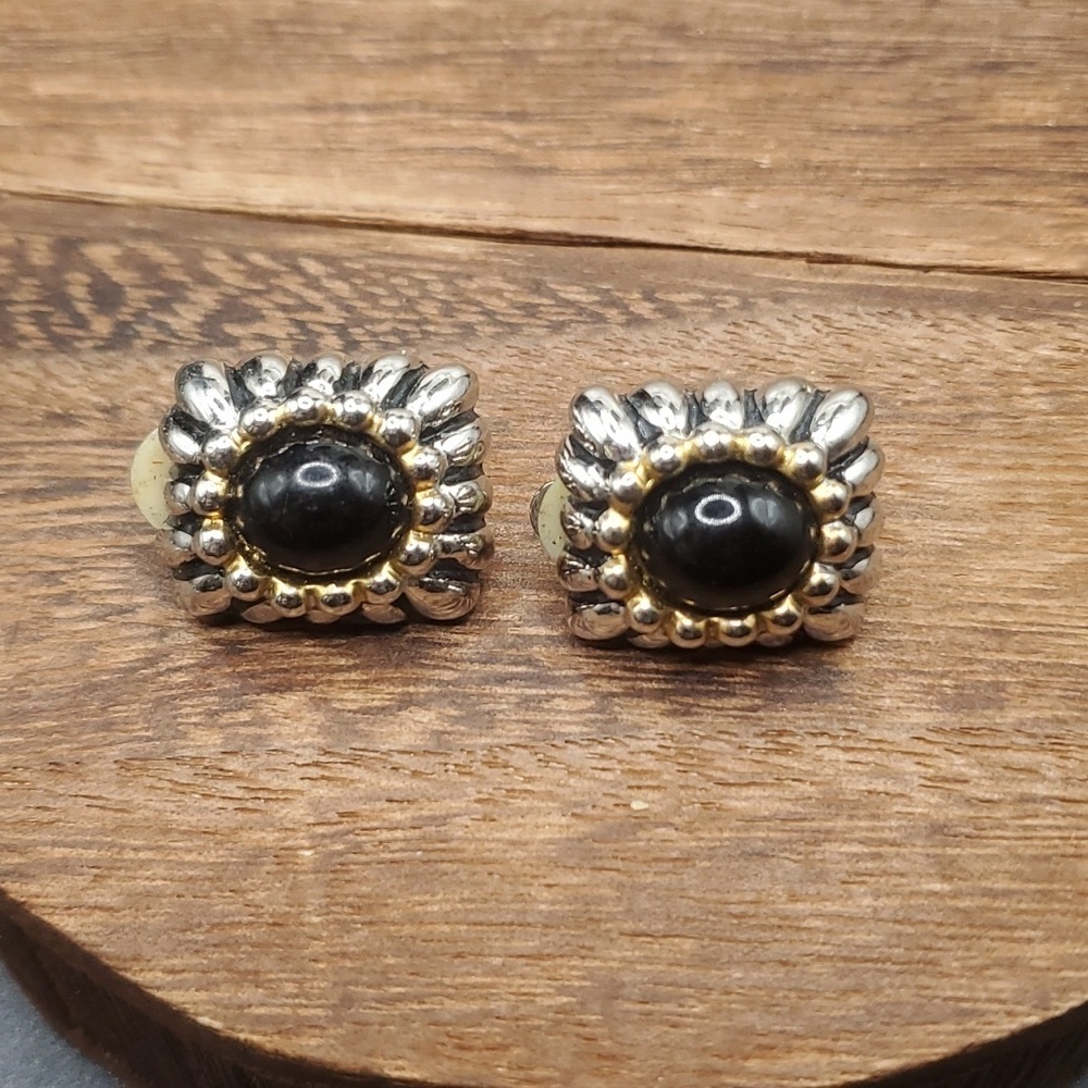 Onyx sunburst estate earrings clip on E646 - Picture 2 of 3